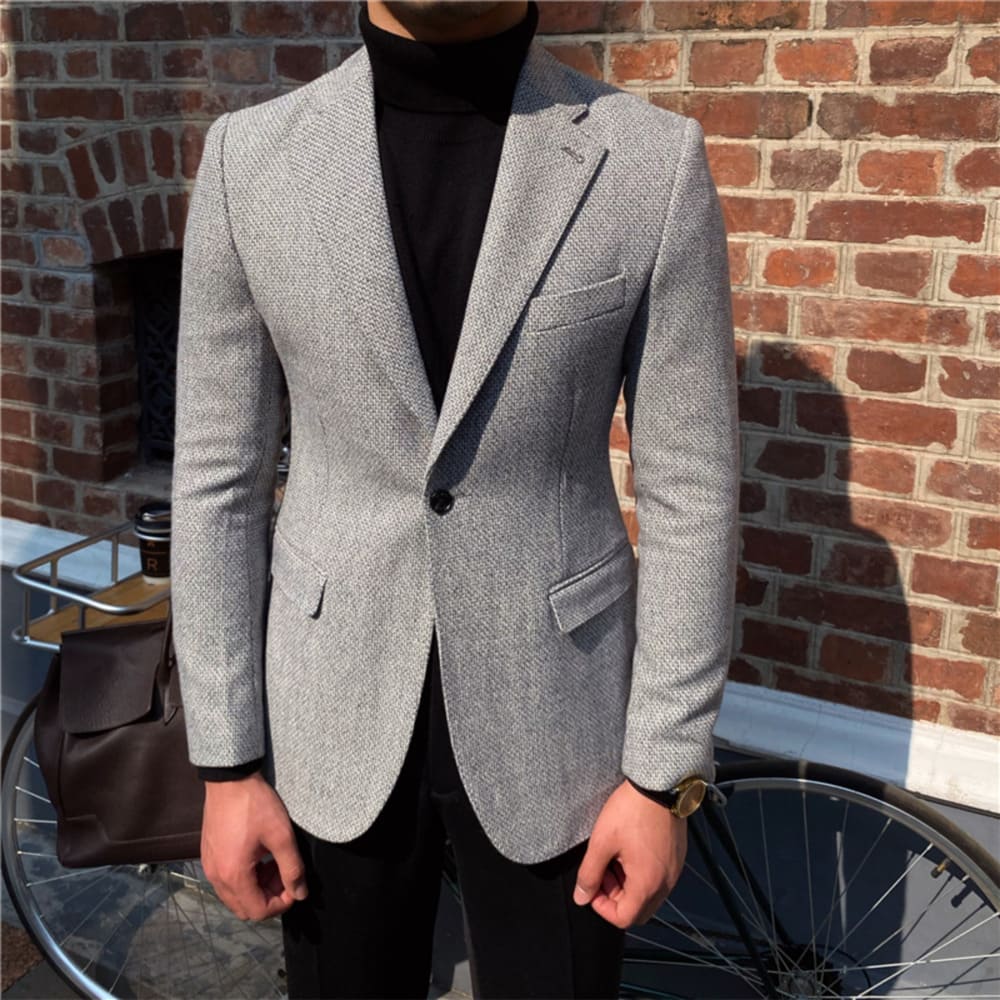 Elegant Slim Fit Blazer in Grey with Black Turtleneck – Men's Formal Wear from Eternal Gleams