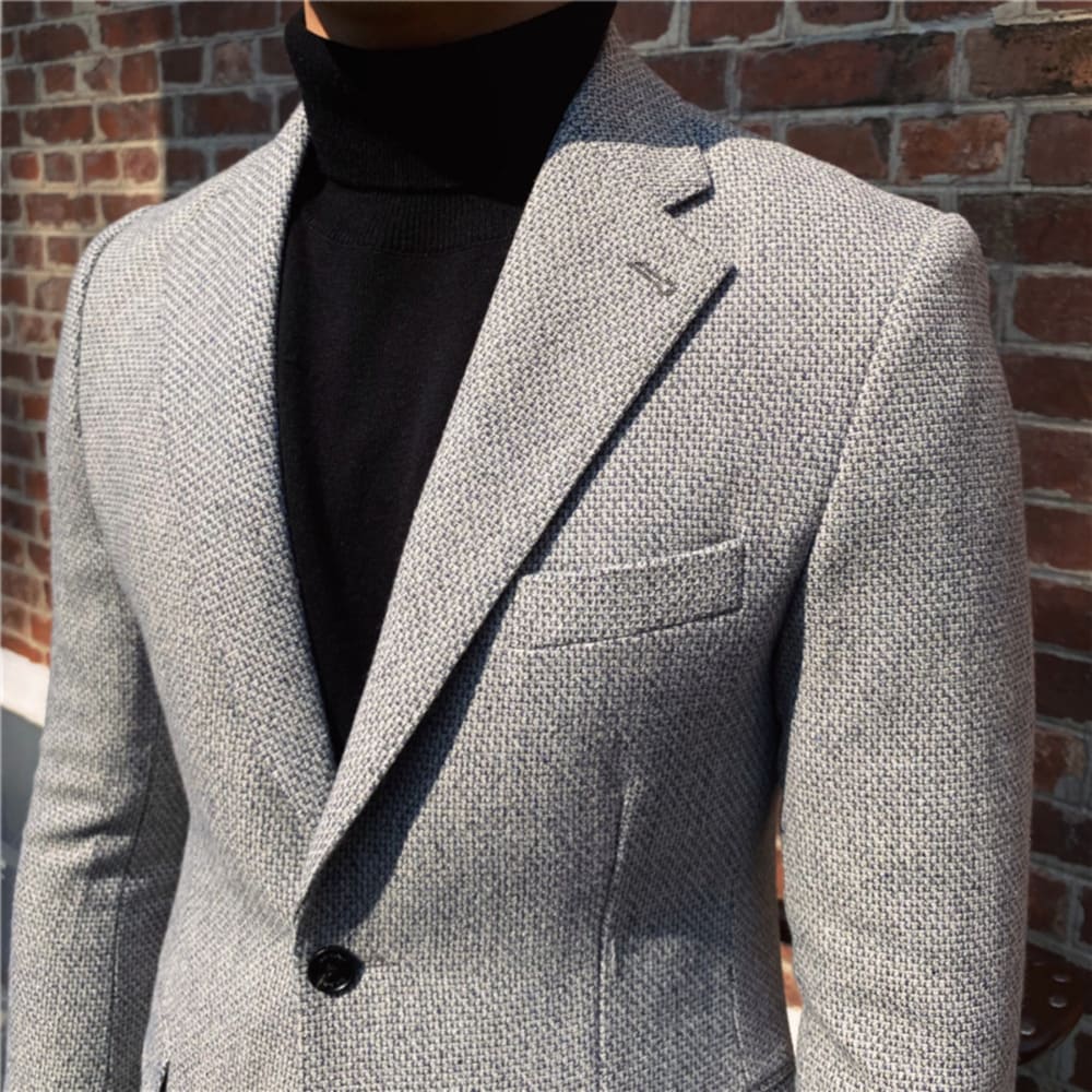 Elegant Slim Fit Blazer in Grey with Black Turtleneck – Men's Formal Wear from Eternal Gleams