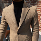 Elegant Slim Fit Blazer in Khaki with Black Turtleneck – Men's Formal Wear from Eternal Gleams