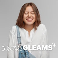 blond girl dress in white with Juniors Gleams logo - eternal Gleams