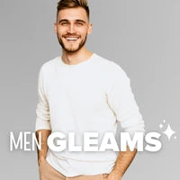 Smiling man dressed white shirt with Men Gleams Logo, from Eternal Gleams