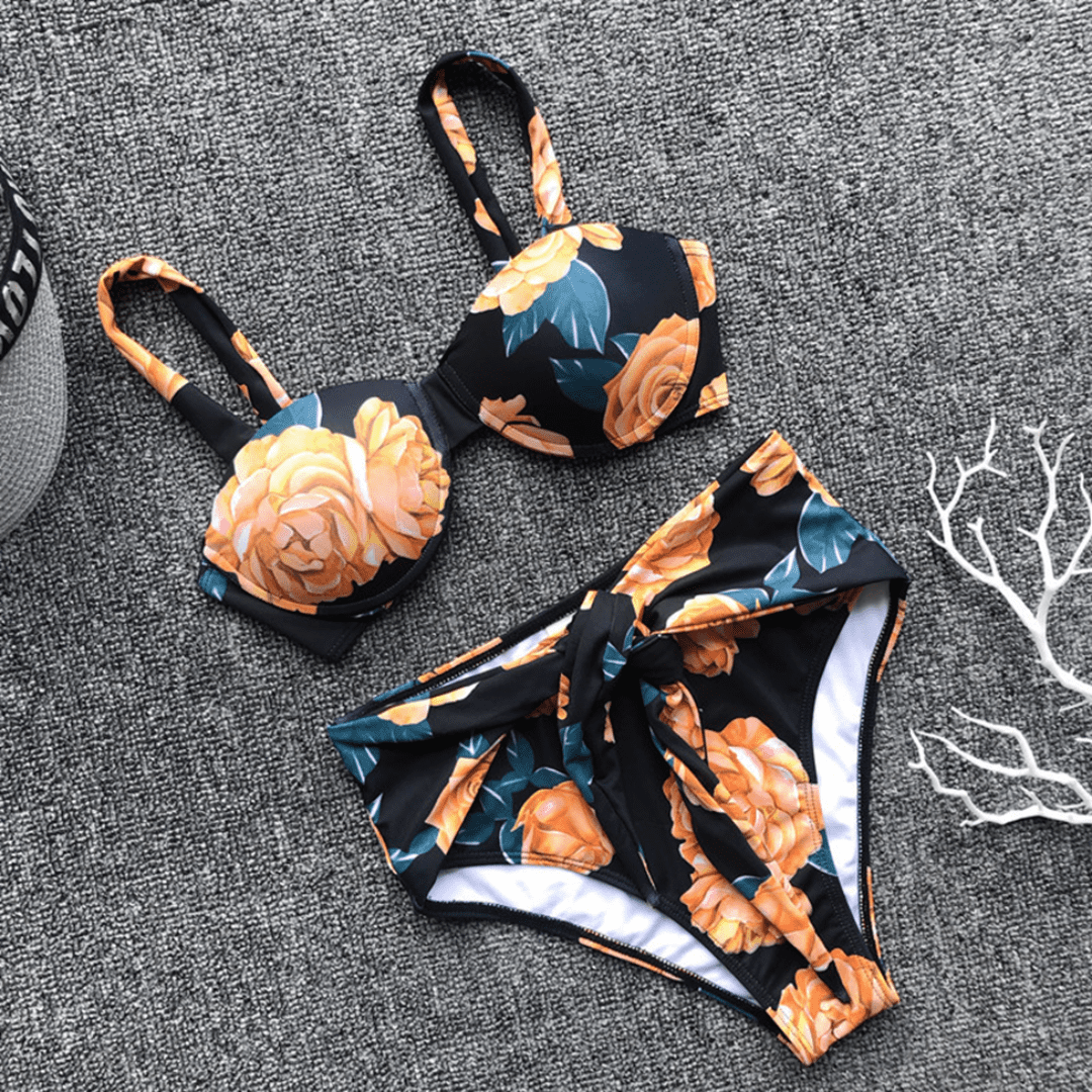 Black floral underwire bikini set with a high-waisted bottom and tie front detail, available at Eternal Gleams.