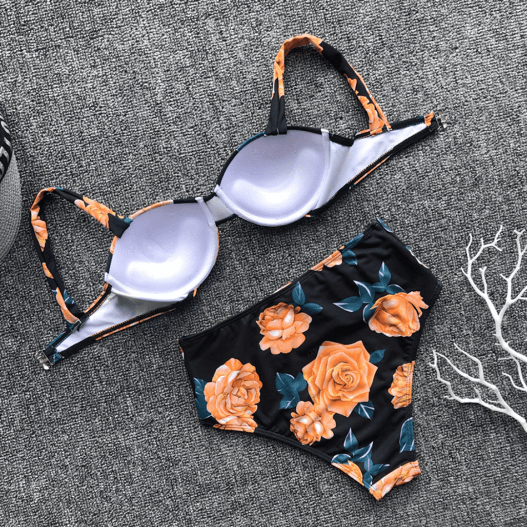 Black floral underwire bikini set with a high-waisted bottom and tie front detail, available at Eternal Gleams.
