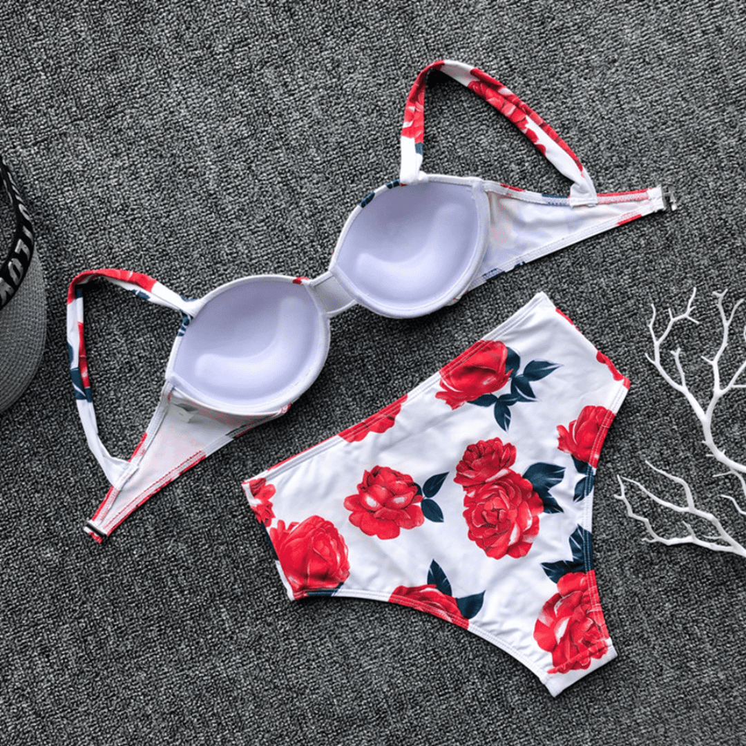 White floral underwire bikini set with a high-waisted bottom and tie front detail, available at Eternal Gleams.