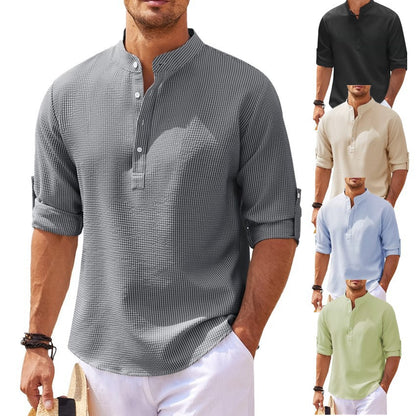 Men's Pineapple Texture Stand Collar Button Shirt in various sizes and colors