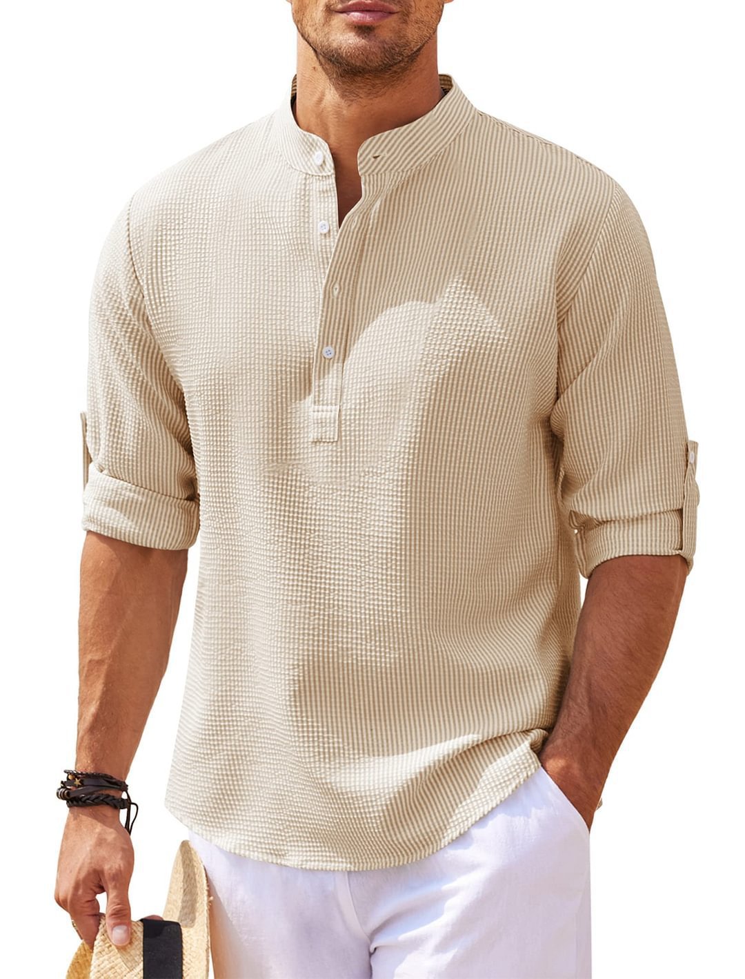 Men's Pineapple Texture Stand Collar Button Shirt in various sizes and colors