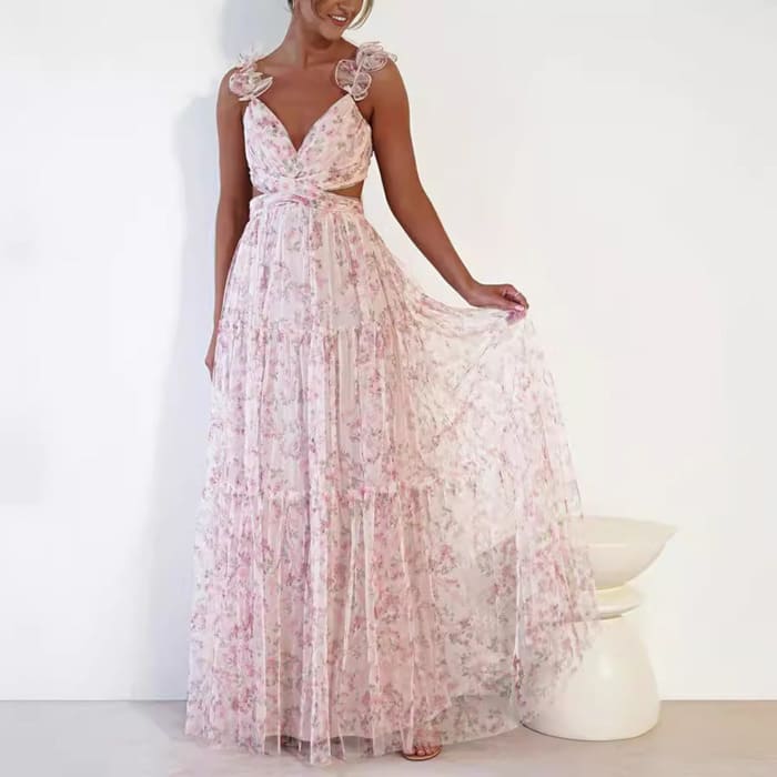 Women's Fashion Printed Sleeveless Tulle Chiffon Dress - Lightweight and stylish summer printed chiffon dress