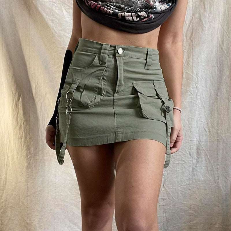 American Street Style Asymmetric Pocket Design Low Waist Denim Skirt