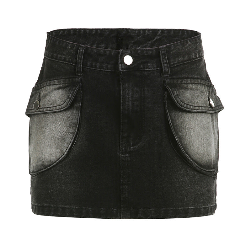 American Street Style Asymmetric Pocket Denim Skirt - Low Waist, Unique Design from Eternal Gleams