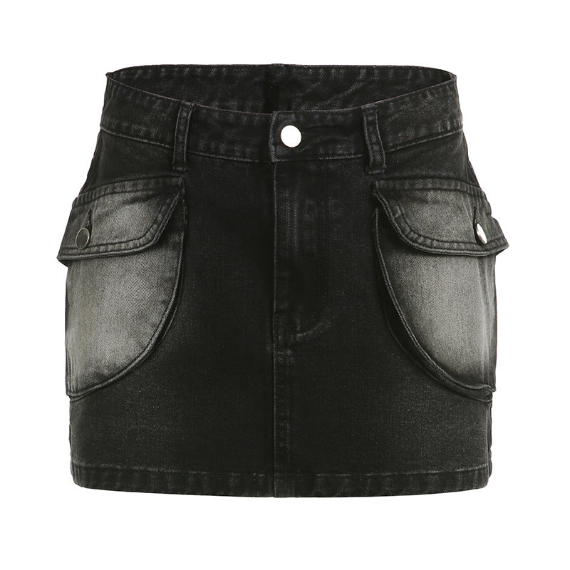 Asymmetrischer Jeansrock im amerikanischen Streetstyle mit Taschen – niedrige Taille, einzigartiges Design