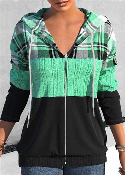 Women's Zipper Cardigan Hooded Plaid Printed Sweater