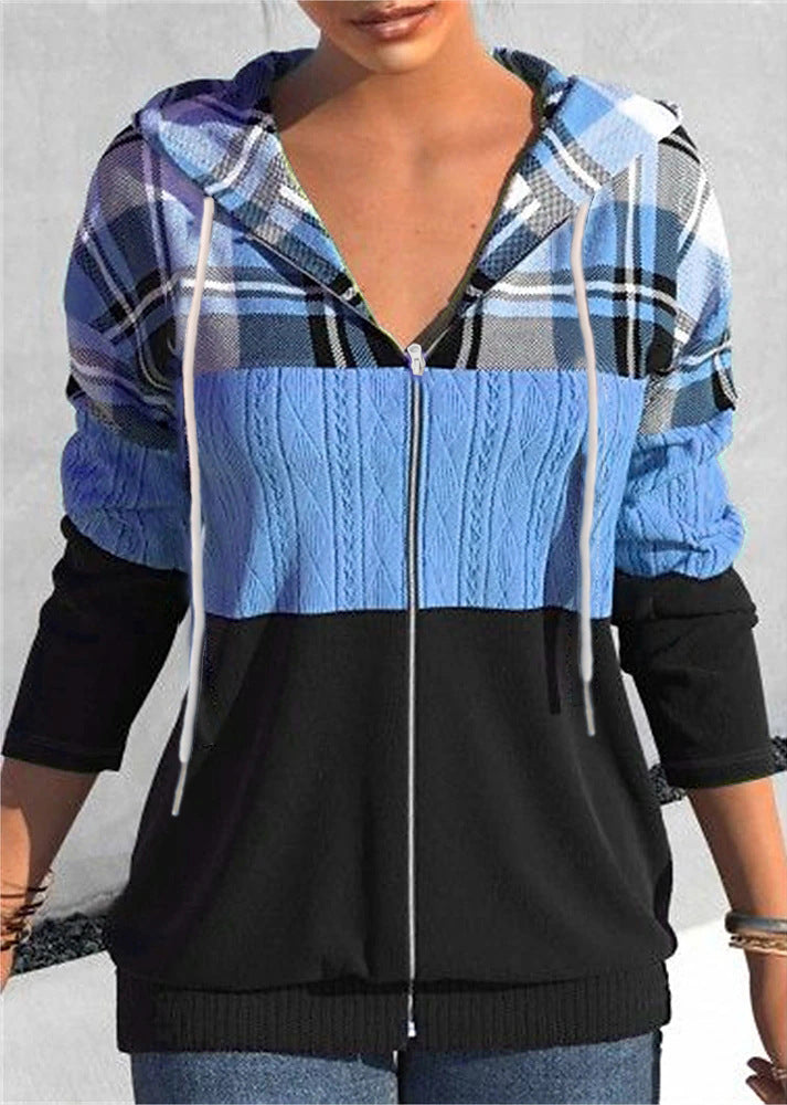 Women's Zipper Cardigan Hooded Plaid Printed Sweater from Eternal Gleams