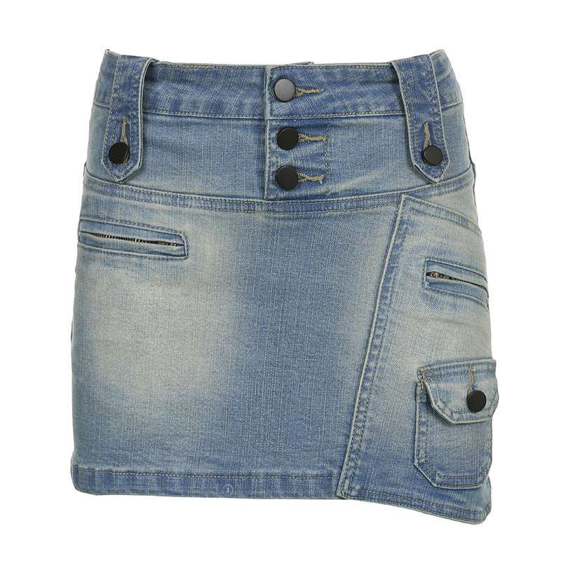 American Street Style Asymmetric Pocket Design Low Waist Denim Skirt