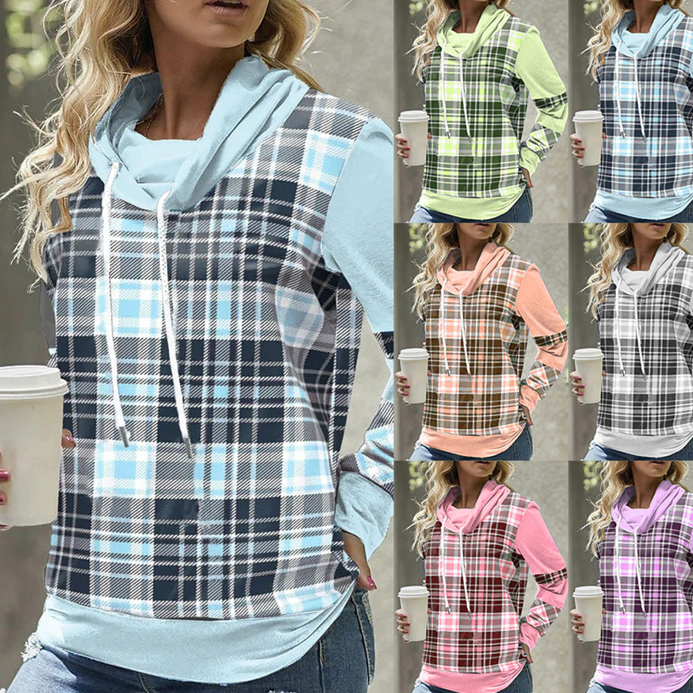 European And American Plaid Printed Long Sleeve Turtleneck Loose Casual Top from Eternal Gleams