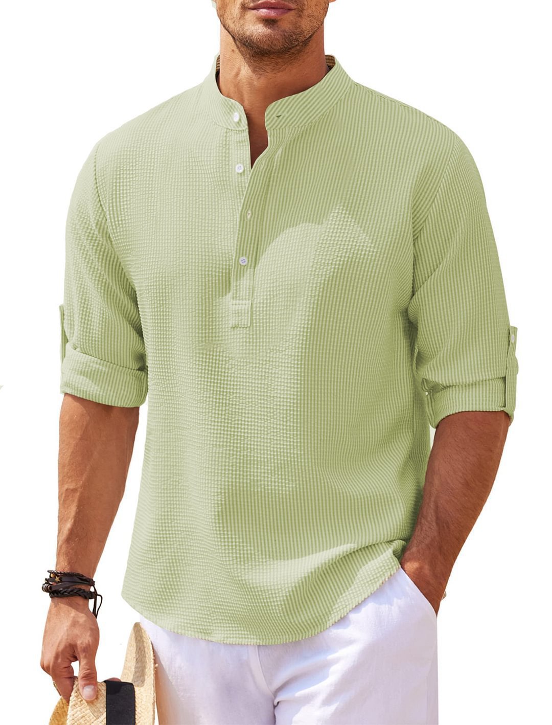 Men's Pineapple Texture Stand Collar Button Shirt in various sizes and colors