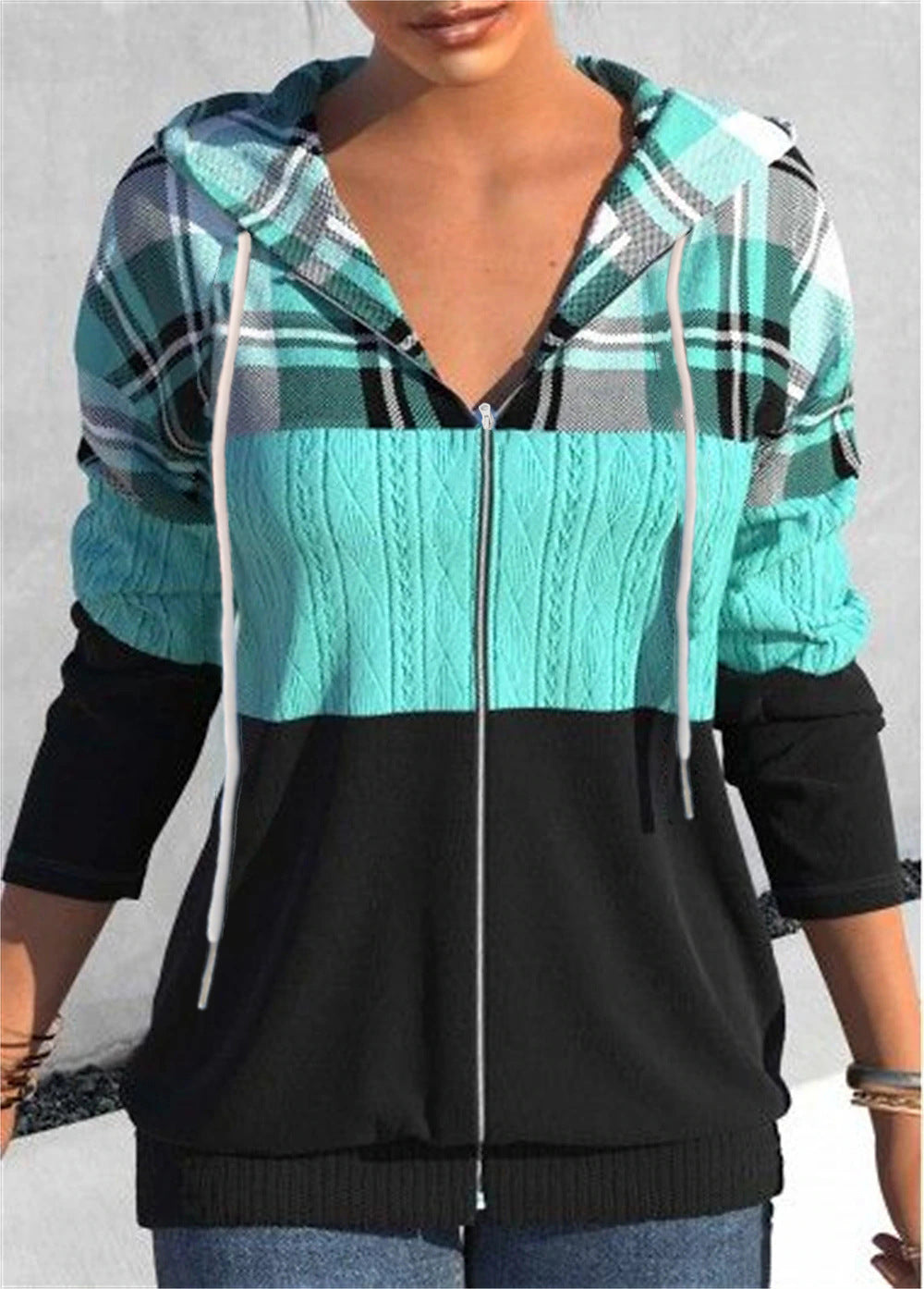 Women's Zipper Cardigan Hooded Plaid Printed Sweater from Eternal Gleams