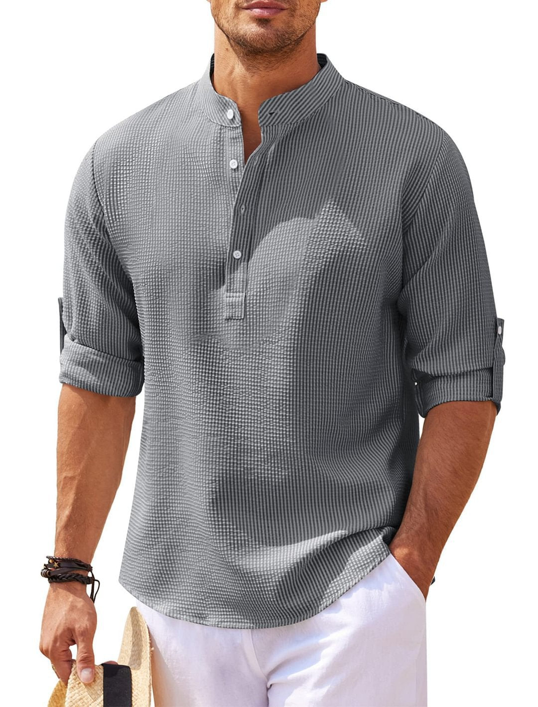 Men's Pineapple Texture Stand Collar Button Shirt in various sizes and colors