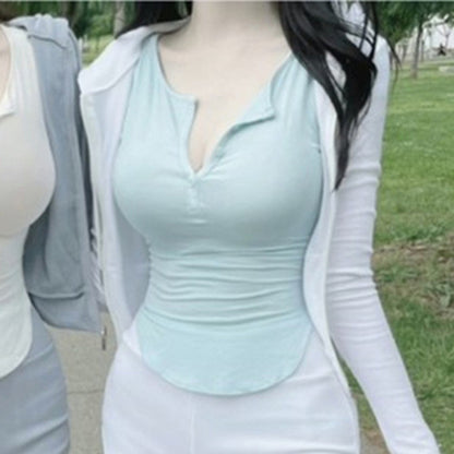 New Curved Waist Half-open Collar Short-sleeved T-shirt Women's Pure Desire To Slimming Body