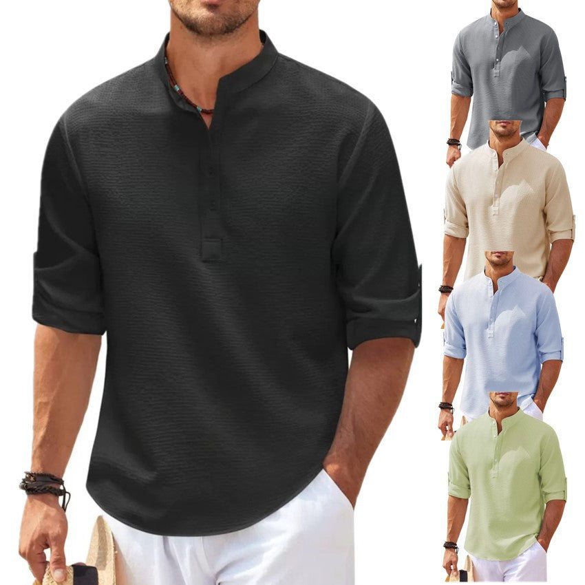 Men's Pineapple Texture Stand Collar Button Shirt in various sizes and colors