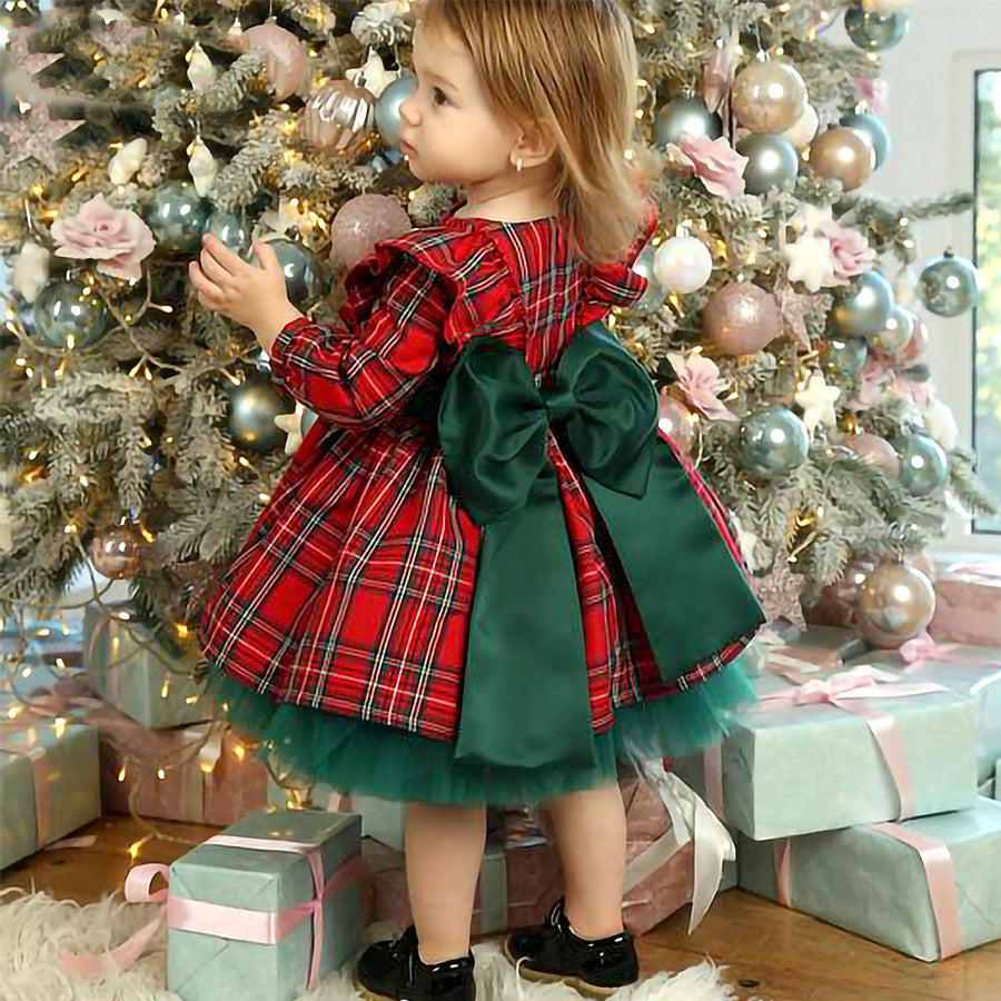 Girls Kids Red Checkered Bow Christmas Dress from Eternal Gleams