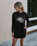 Autumn Lip Heat Transfer Mid-length Women's Hooded Sweater