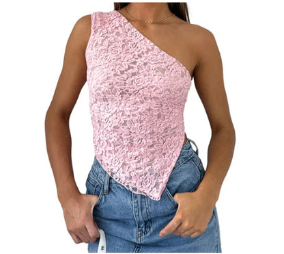 Elegant One-Shoulder Asymmetrical Lace Crop Top - Stylish Party Outfit