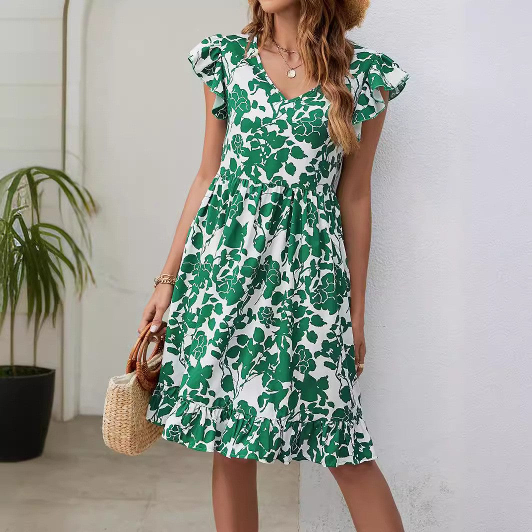 Fashionable summer leaf print V-neck ruffled sleeveless A-line dress from Eternal Gleams