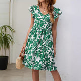 Fashionable summer leaf print V-neck ruffled sleeveless A-line dress from Eternal Gleams