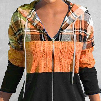 Women's Zipper Cardigan Hooded Plaid Printed Sweater