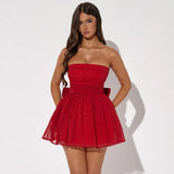 Elegant tube top lace dress with back bow knot and mesh stitching in black, gold, silver, and red from Eternal Gleams