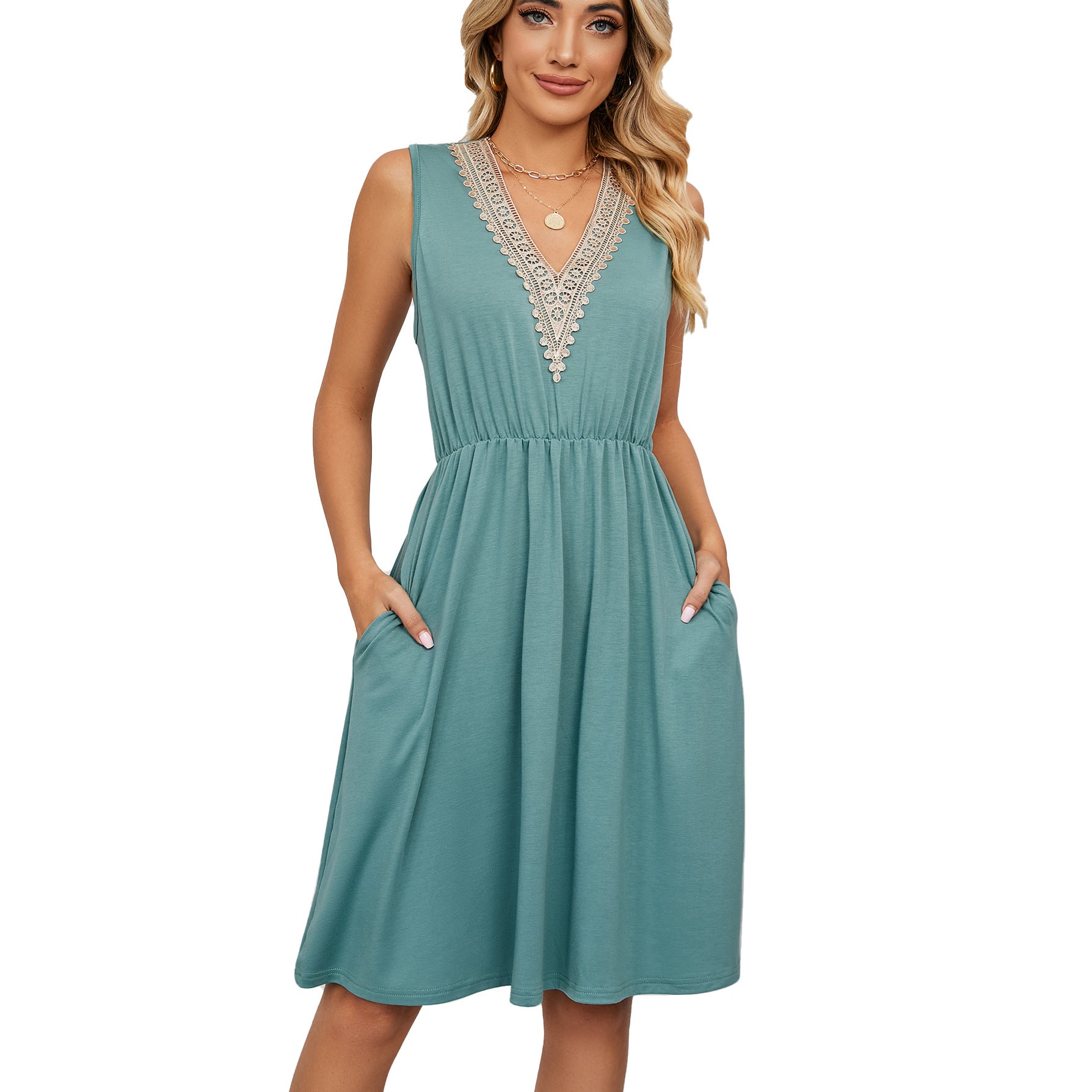 Lace Panel Sleeveless Dresss With Pocket V-neck Dresses For Women from Eternal Gleams