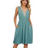 Lace Panel Sleeveless Dresss With Pocket V-neck Dresses For Women from Eternal Gleams