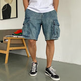 Men's retro casual PU high-end denim workwear shorts in blue from Eternal Gleams