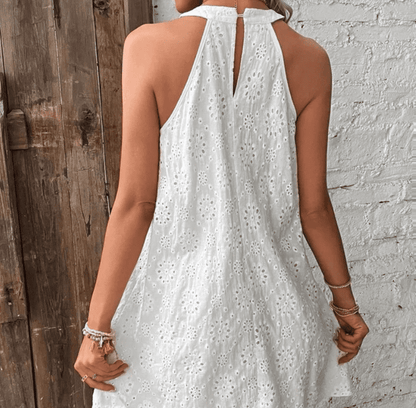 Summer New Women's Lace Solid Color Sleeveless Button Dress