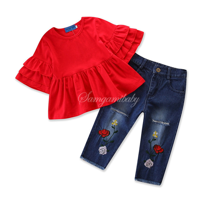 Chic Girls' Trumpet Sleeve Top & Embroidered Jeans Set from Eternal Gleams