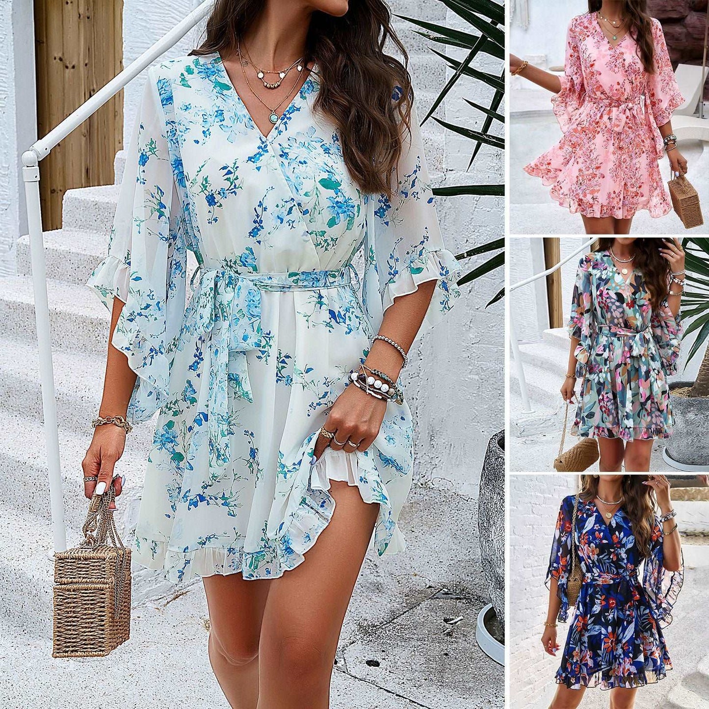 Blossom Breeze Summer Dress: Floral Print with Lace-Up Ruffles