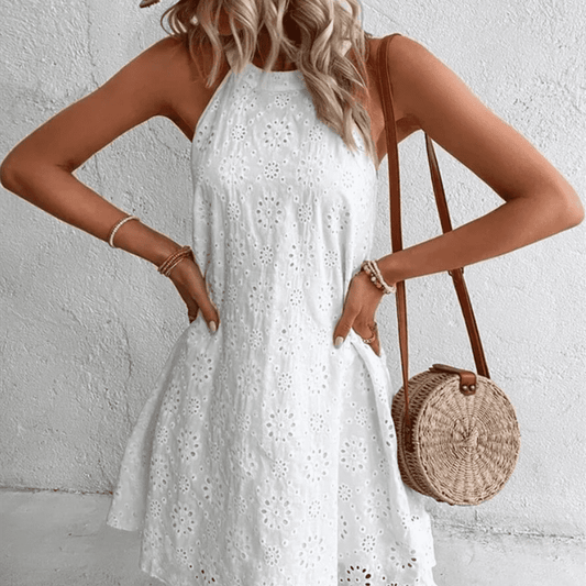 Summer New Women's Lace Solid Color Sleeveless Button Dress from Eternal Gleams