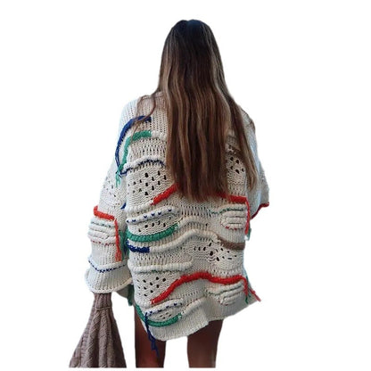 Personality Street Round Neck Tassel Color Matching Knitted Long Sleeve