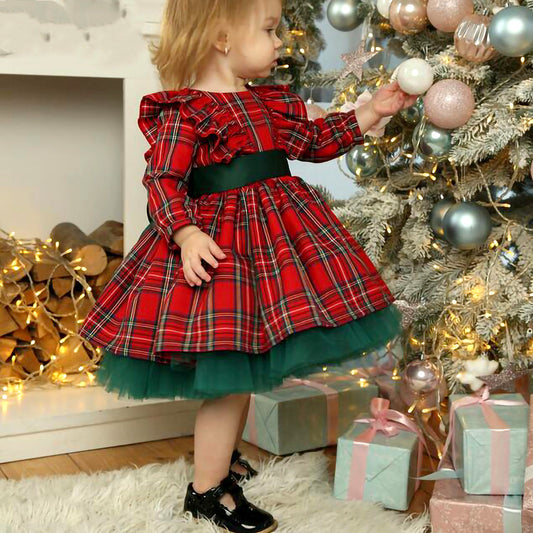 Girls Kids Red Checkered Bow Christmas Dress from Eternal Gleams