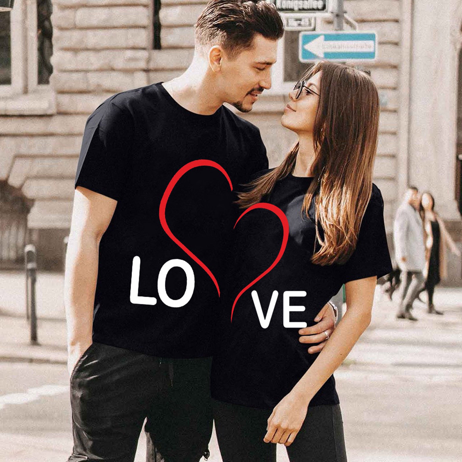 Stitching Love Couple Wear Round Neck Loose Print