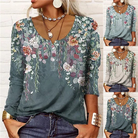 Women's Loose Long-sleeved Geometric Floral U-neck Button T-shirt from Eternal Gleams