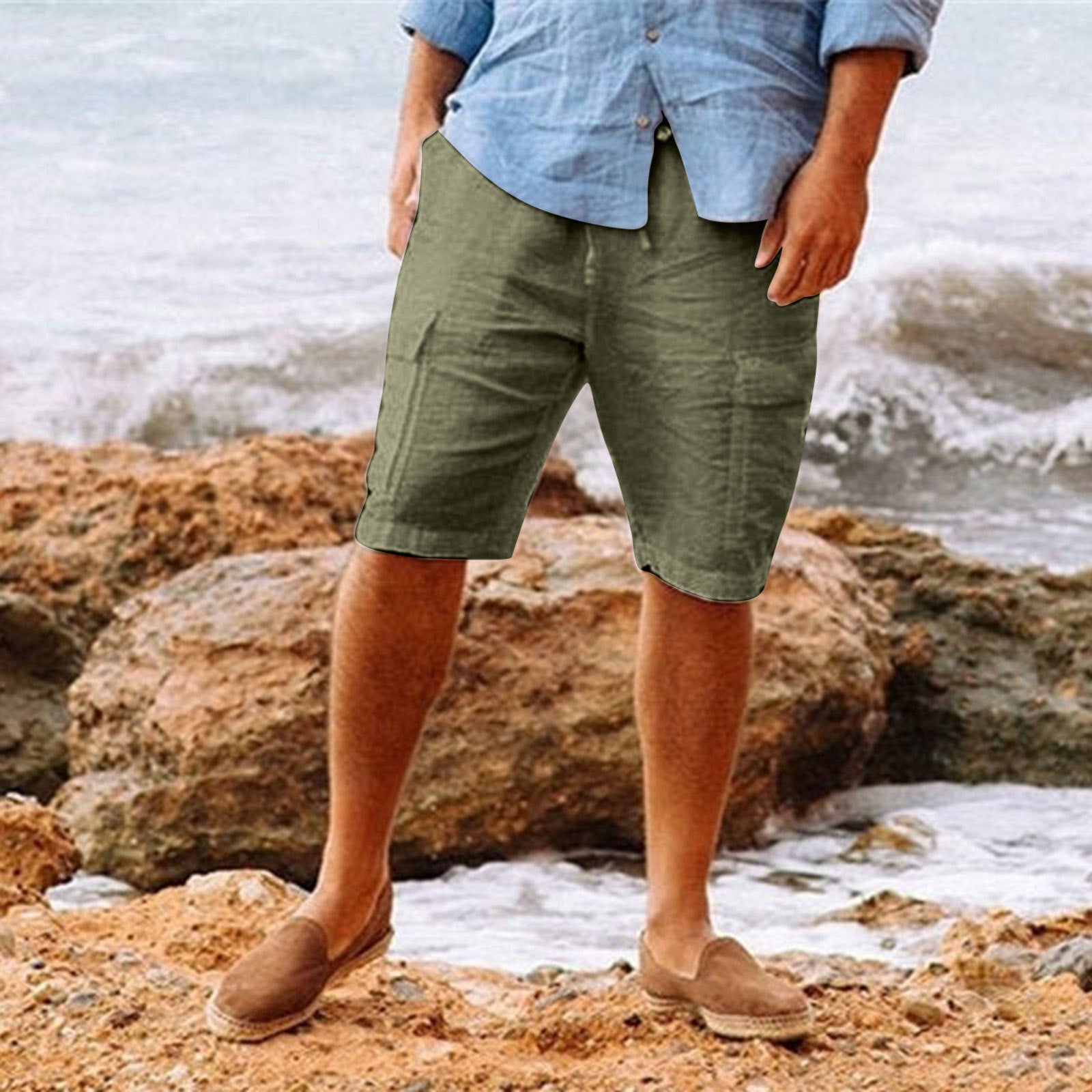 Men's casual vacation beach Hawaiian cotton linen multi-pocket workwear shorts from Eternal Gleams