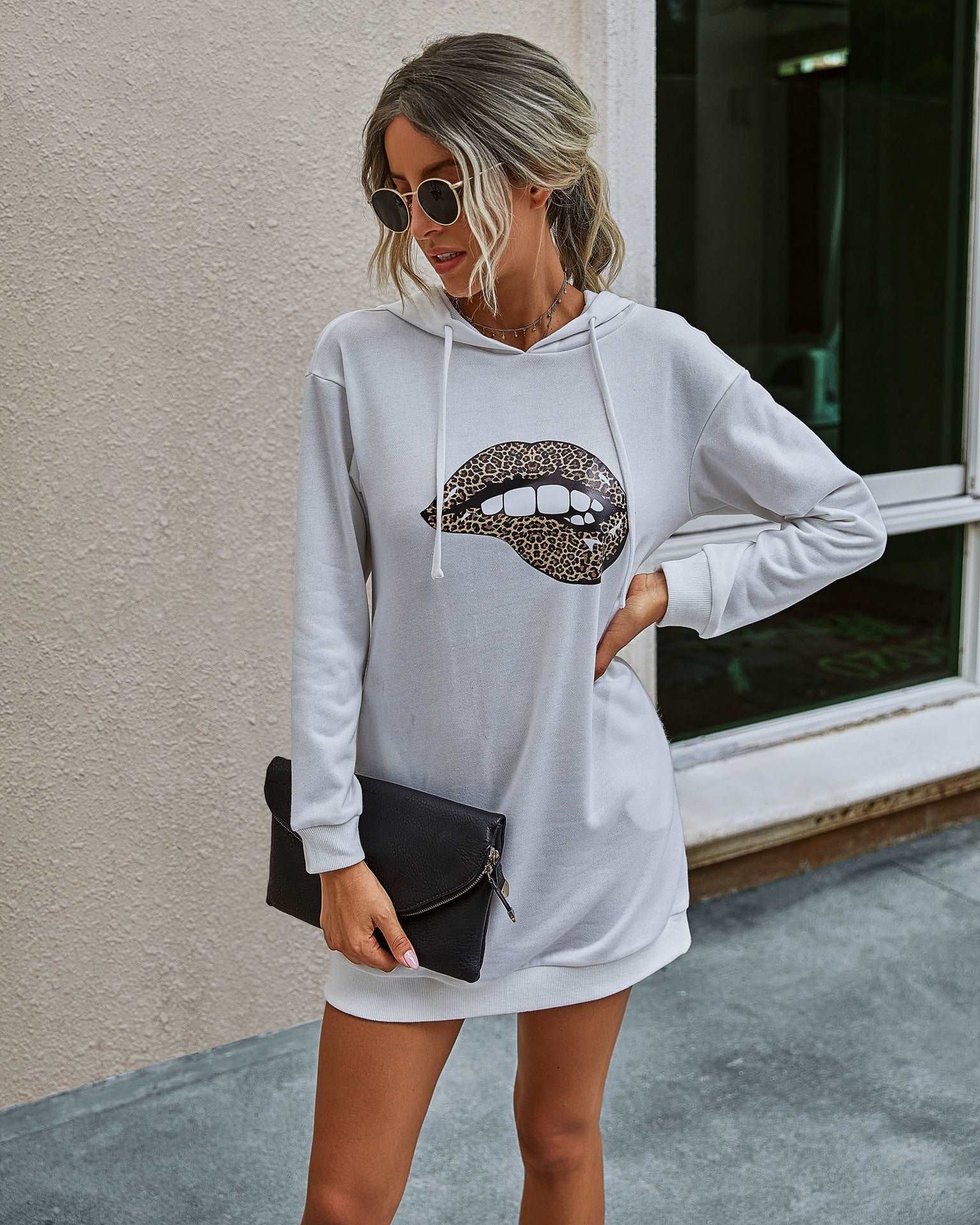 Autumn Lip Heat Transfer Mid-length Women's Hooded Sweater