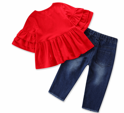Chic Girls' Trumpet Sleeve Top & Embroidered Jeans Set