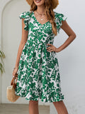 Fashionable summer leaf print V-neck ruffled sleeveless A-line dress from Eternal Gleams