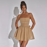 Elegant tube top lace dress with back bow knot and mesh stitching in black, gold, silver, and red from Eternal Gleams