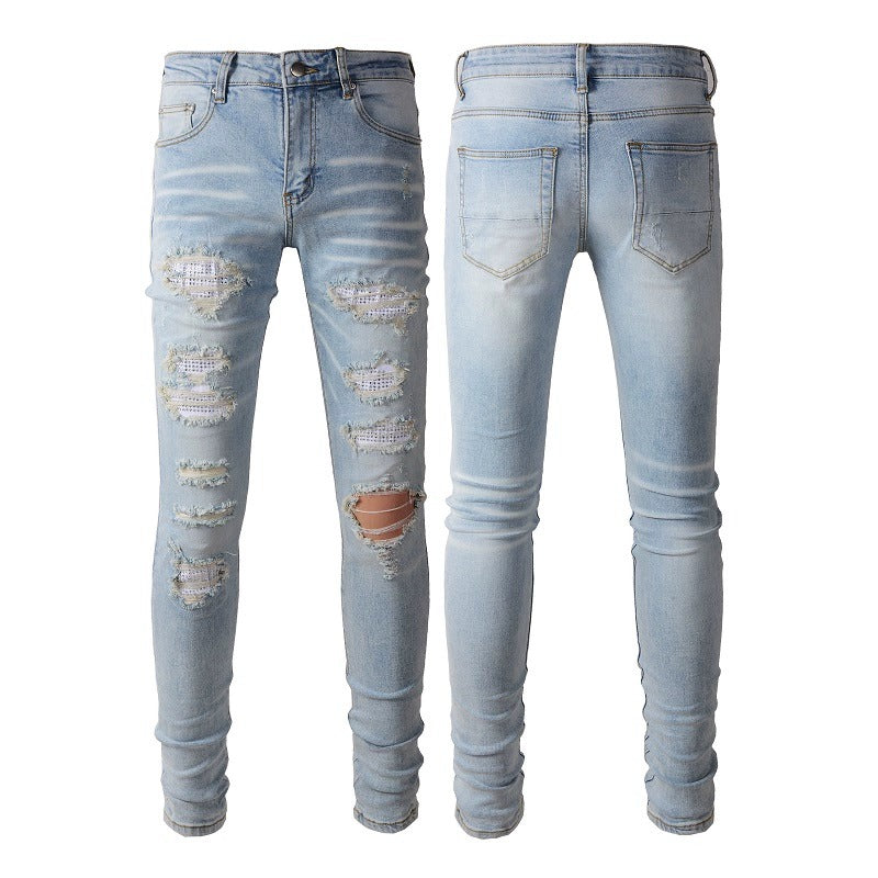 Light Colored Hot Diamond Patch With Holes In Elastic Tight Jeans For Men from Eternal Gleams