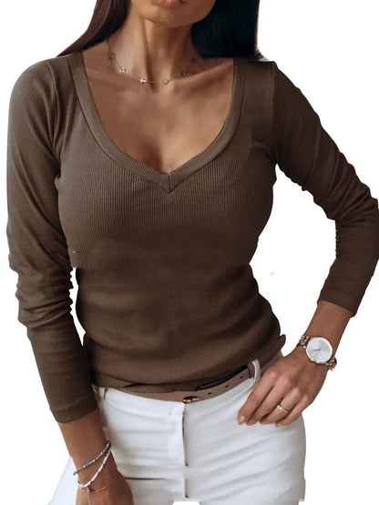 Women's V-neck Ribbed Long-sleeved Shirt