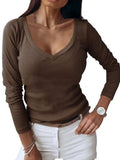 Women's V-neck Ribbed Long-sleeved Shirt from Eternal Gleams