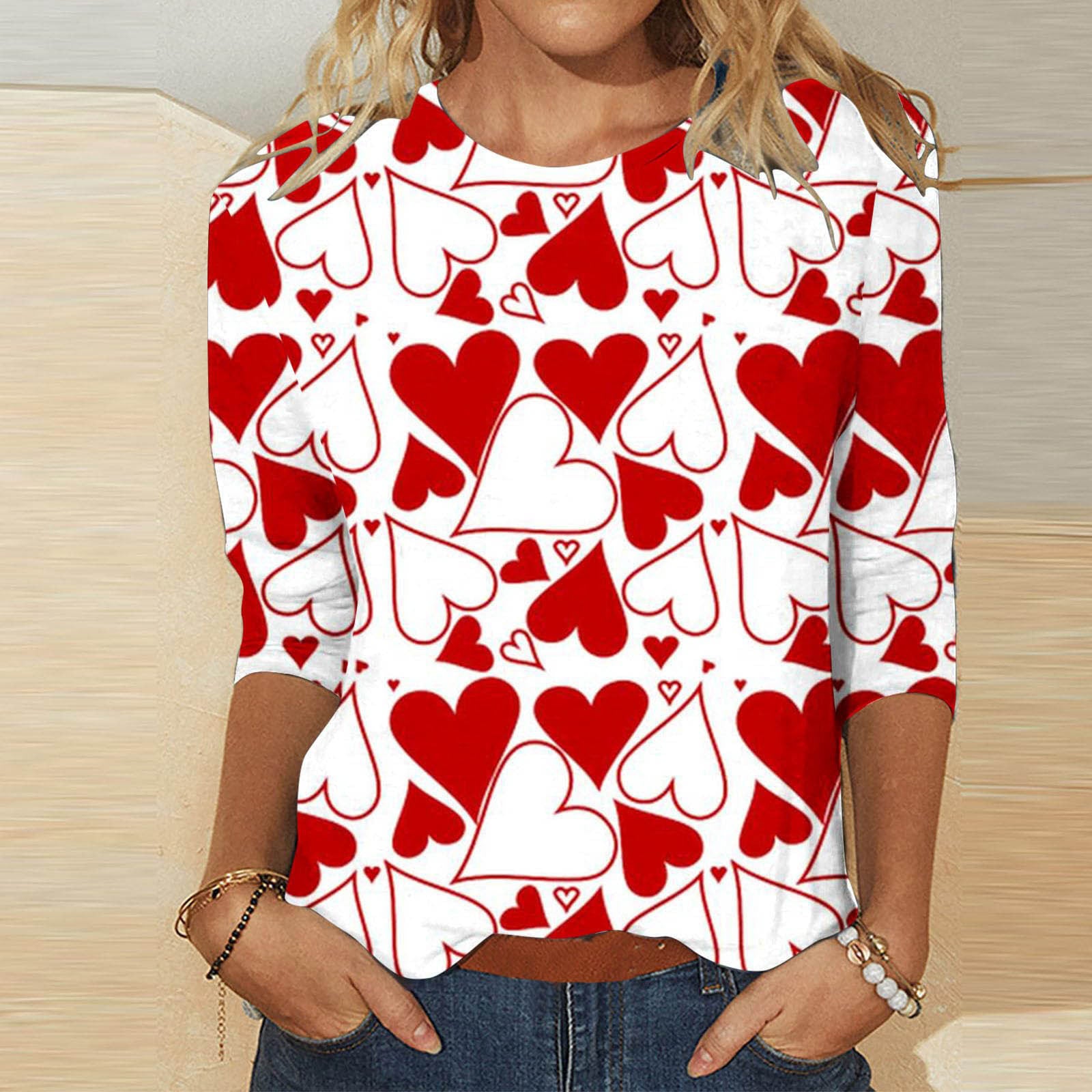 Valentine's Day Female With Hearts Printing Crew Neck T-shirt Top from Eternal Gleams